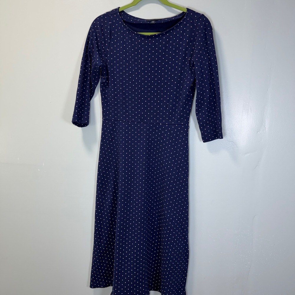 Lands End Womens Navy Blue Polka Dot Cotton Knit Fit Flare Midi Dress‎ XS 2-4